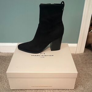 Marc Fisher Black Suede Pointed Toe Block Heel Ankle Boot
